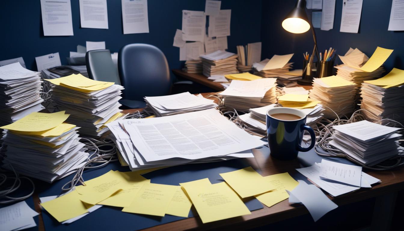 Excel-Chaos beim Buyout-Tracking: überfüllter Schreibtisch mit Papierstapeln und Post-its als Symbol für unstrukturierte Influencer-Buyout-Verwaltung